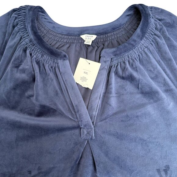 Crown & Ivy NWT Women’s‎ Icon Peasant Top Size XXL Harbor Navy Velvet - Picture 3 of 10